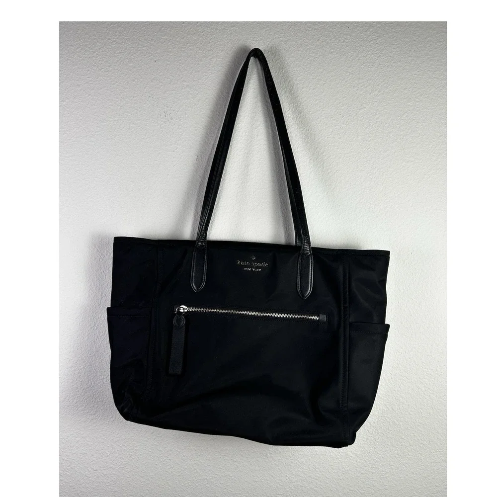 Kate Spade Chelsea Large Travel Tote Bag Black Nylon Leather Trim Laptop Sleeve